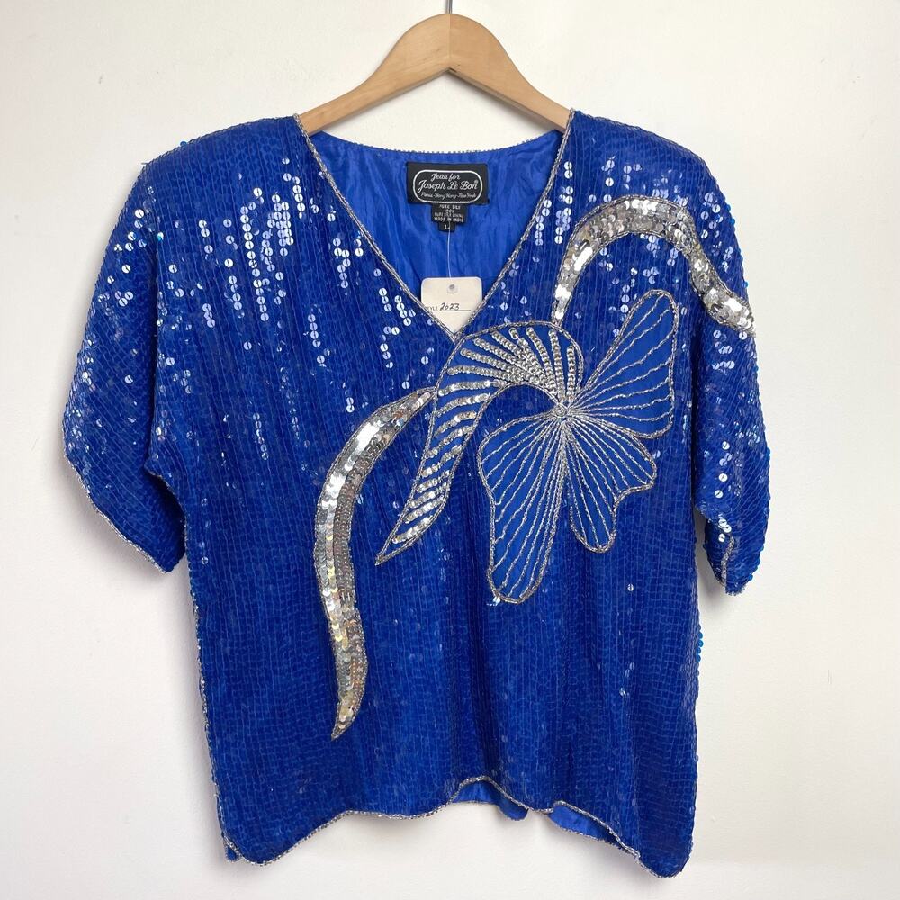 Vintage 80s Silk Sequin Top Large Cobalt Blue Silver Glam Festival NWT Deadstock